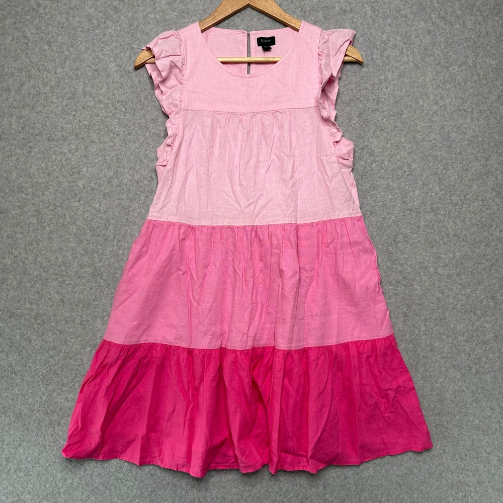 J.Crew Pink Colorblock Tiered Linen Blend Ruffle Mini Dress BI373 Womens 4 NEW